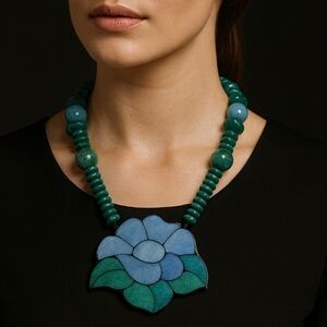 KARLA JORDAN NECKLACE BLUE & GREEN GEMSTONE BEADS WITH LARGE LOTUS PENDANT